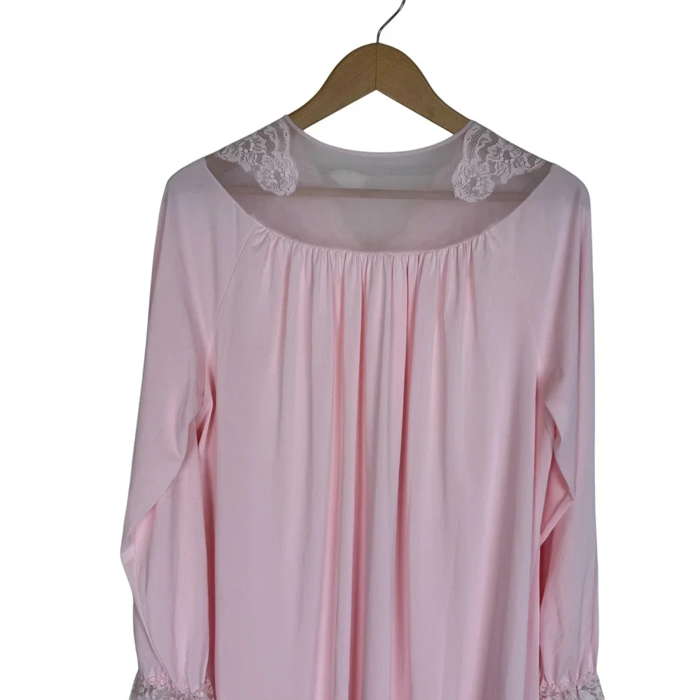 Shadowline‎ Vintage Pink Lace Embroidered Button Front Peignoir Robe Large USA